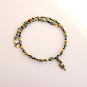Genuine Labradorite Beaded Necklace with Brass Cobra Pendant